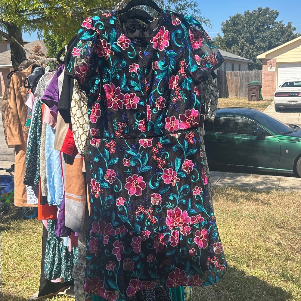 Tahari Black Dress with Colorful Embroidery